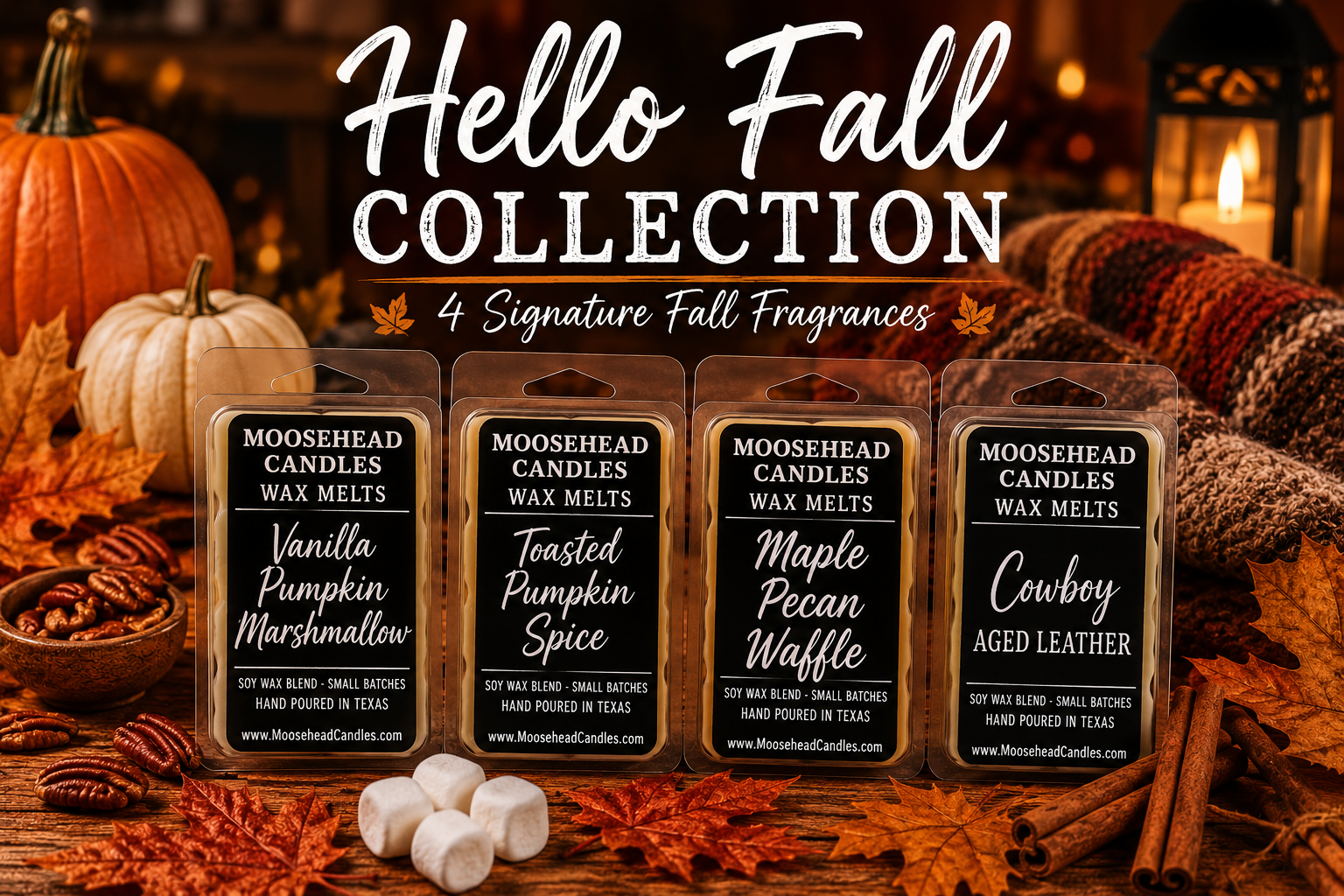 Moosehead Candles Fall Wax Melt Bundle – 4 Pack Autumn Scents – Vanilla Pumpkin Marshmallow, Pumpkin Spice, Aged Leather, Maple Pecan Waffles – Seasonal Home Fragrance