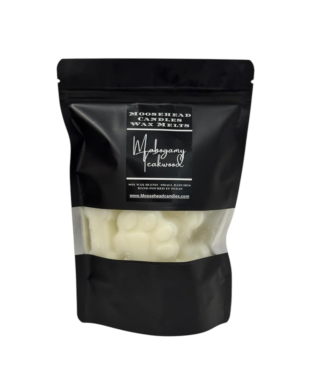 Mahogany teakwood scented wax melts. 10 count bag of 1oz puppy print wax melts| resealable bag 1 melt at a time to smell the whole house