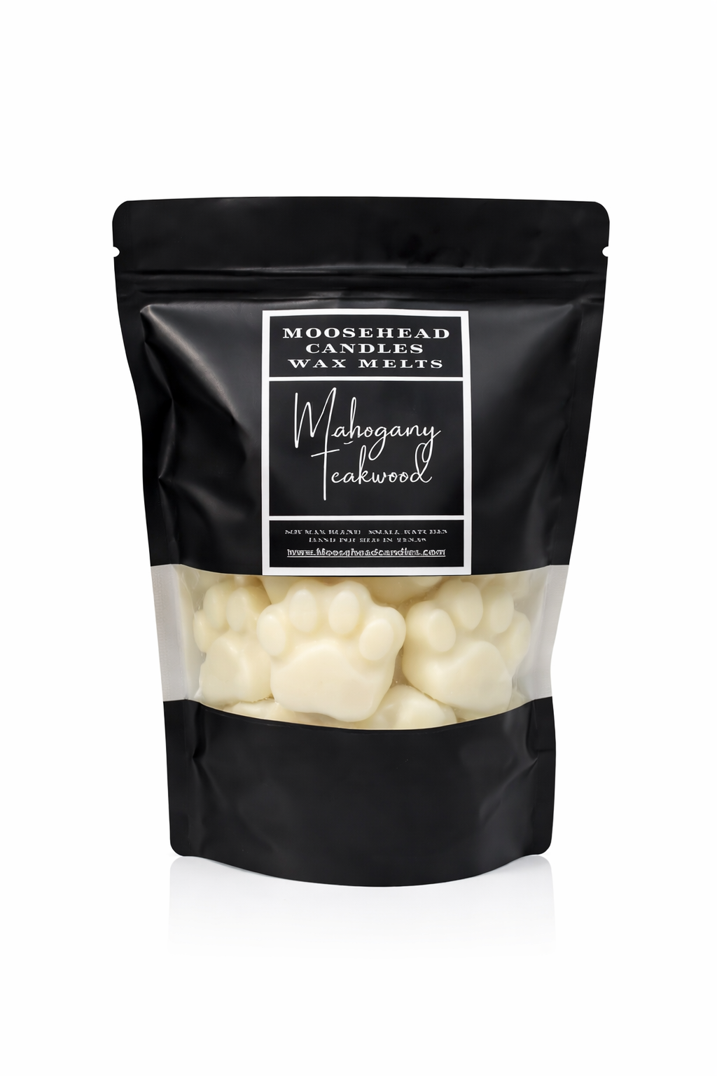 Mahogany teakwood scented wax melts. 10 count bag of 1oz puppy print wax melts| resealable bag 1 melt at a time to smell the whole house