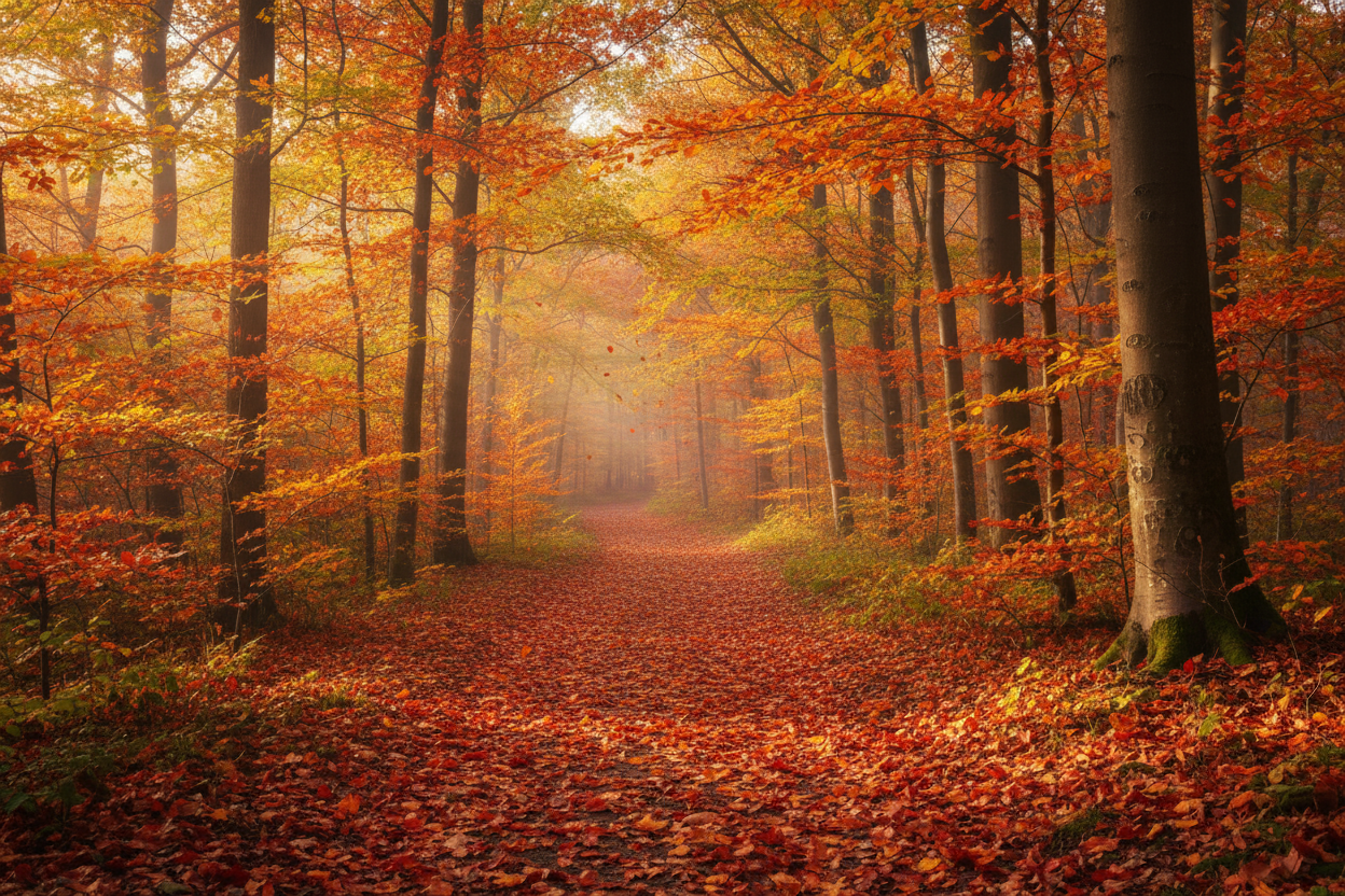 fall time trail in the woods with pretty leaves on the ground