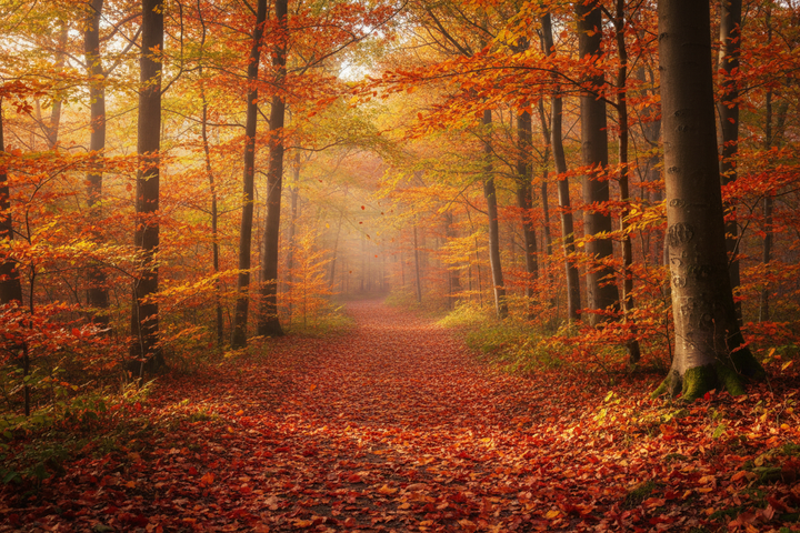 fall time trail in the woods with pretty leaves on the ground