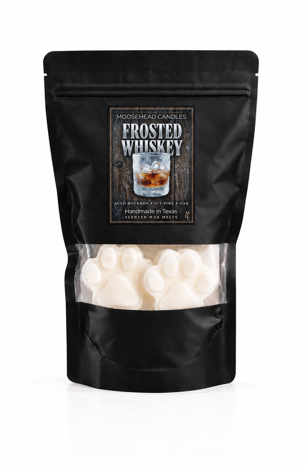 Frosted Whiskey XXL wax melts – 10 count puppy paw melts in a resealable bag